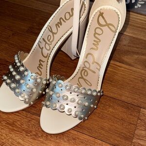Sam Edelman Pearl-Studded Cream and Gold Heels